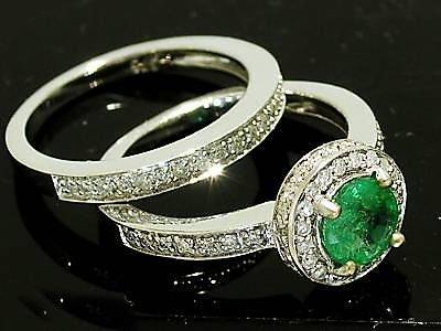 Gorgeous 9ct WHITE Gold NATURAL Diamond & Emerald Ring Engagement Set Suit