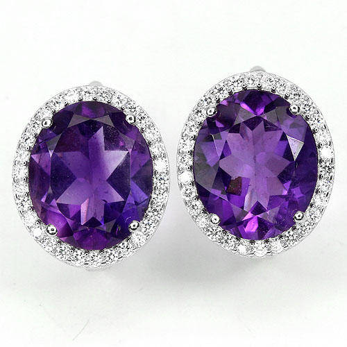 ***REAL STONES!!!*** GORGEOUS! NATURAL OVAL 12x10mm. INTENSE PURPLE AMETHYST 925 SILVER EARRING