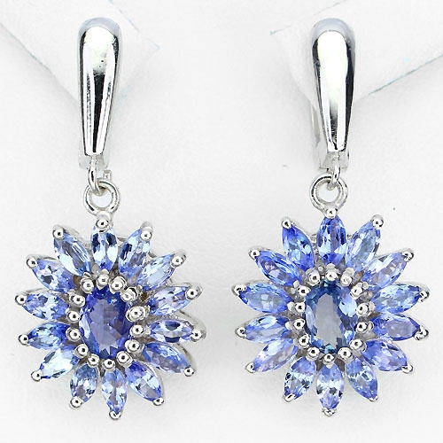 **IN STOCK!!***REAL STONES!!!*** NATURAL OVAL MARQUISE BLUE TANZANITE 925 SILVER FLOWERS EARRING