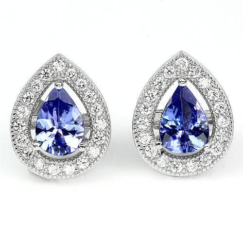 ***IN STOCK!!***REAL STONES!!!*** NATURAL PEAR 7x5mmTOP RICH BLUE VIOLET TANZANITE 925 SILVER EARRIN