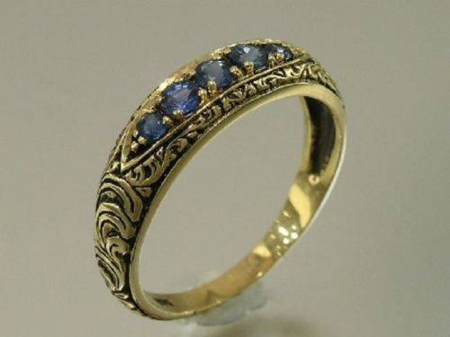 SOLID 9K Gold NATURAL Sapphire or Rubies 5-stone Etched ETERNITY Wedding Ring size N