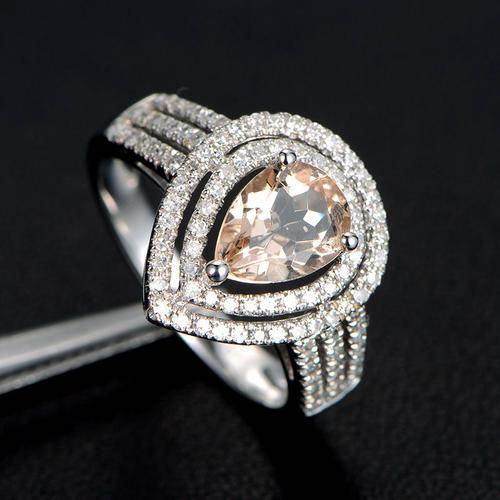 Morganite Engagement Ring with Diamonds,Pear Shape,Double Halo,14K White Gold