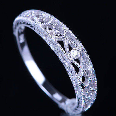 VINTAGE BAND SOLID 14K WHITE GOLD SI/H DIAMOND FILIGREE ART NOUVEAU ANTIQUE RING