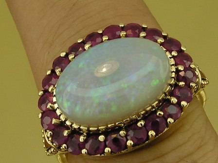 Gorgeous Genuine 9ct Solid Gold LARGE Natural OPAL & RUBY Cluster Ring