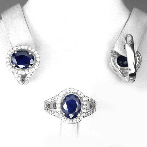 ***IN STOCK***REAL STONES!!!*** DEEP BLUE SAPPHIRE 925 SILVER SET RING, EARRINGS