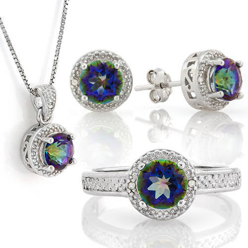 "IN STOCK!!"  MASSIVE 3 1/5 CARAT OCEAN MYSTIC GEMSTONE & DIAMOND 925 STERLING SILVER SET