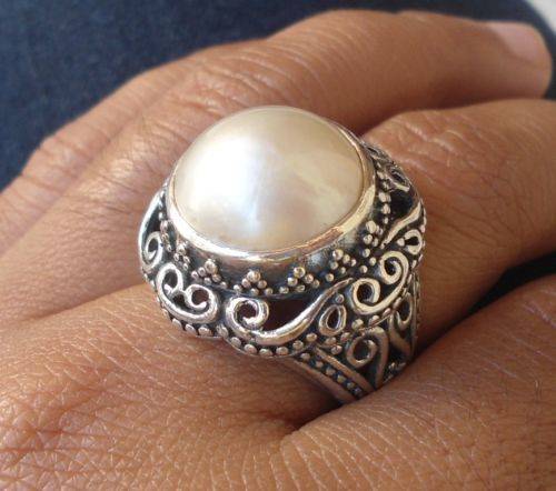 ***IN STOCK!!*** 925 Sterling Silver Balinese Handcrafted Ring White Mabe Pearl Size 8