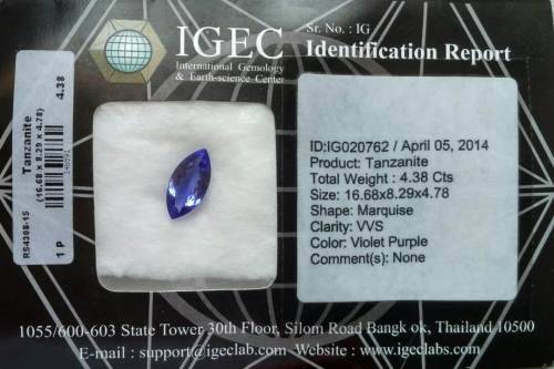 ***IN STOCK!!!***Igec Identification Report 4.38 Gorgeous colour Tanzanite