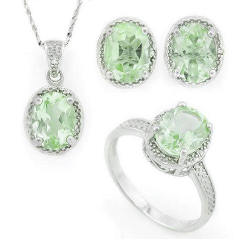 ***IN STOCK***REAL STONES!!!*** 6 2/5 CARAT GREEN AMETHYST & DIAMOND 925 STERLING SILVER SET