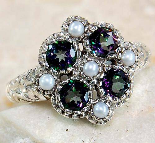 **R3 199** 1ct Mystic Topaz Seed Pearl 925 Silver Filigree Ring6.5