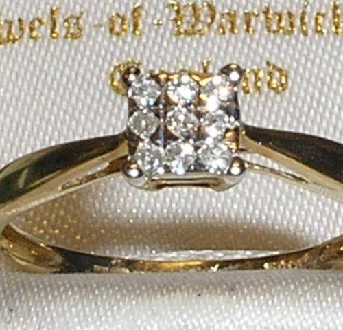 Solid 9ct gold and REAL diamond cluster ring-square setting!
