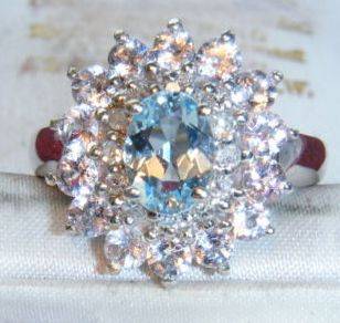 SUPERB 9CT GOLD MORGANITE AQUA & DIAMOND RING SIZE L