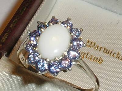 SOLID SILVER TANZANITE & OPAL CLUSTER RING - P -LOVELY