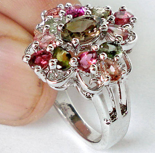 ***MONEY- BACK GUARANTEE*** 6 1/2 8cttw REAL TOURMALINE 925 STERLING SILVER CLUSTER ARTISAN RING