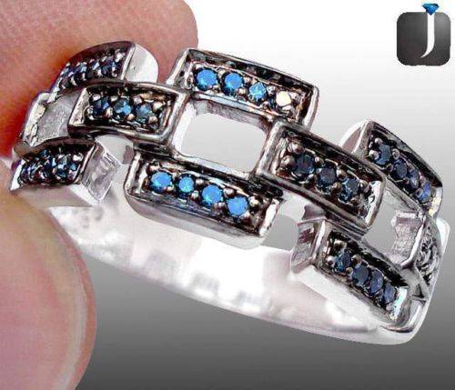 ***R4 300*** BLUE DIAMOND ROUND RHODIUM 925 STERLING SILVER ARTISAN RING Sz 8 1/2