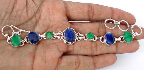 ***MONEY- BACK GUARANTEE*** BLUE SAPPHIRE OVAL EMERALD 925 STERLING SILVER ARTISAN BRACELET