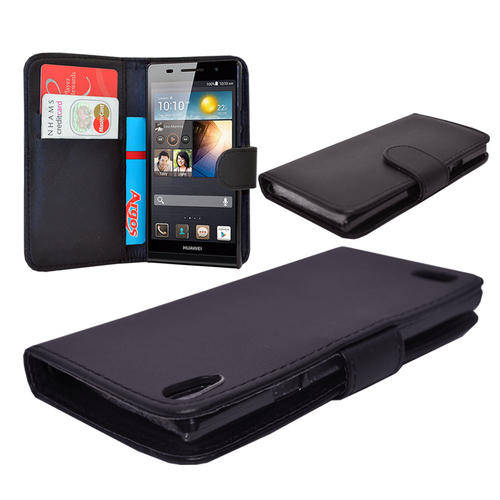 Huawei P 6 - Black PU Leather Wallet Cover with magnetic close + Free Screen protector