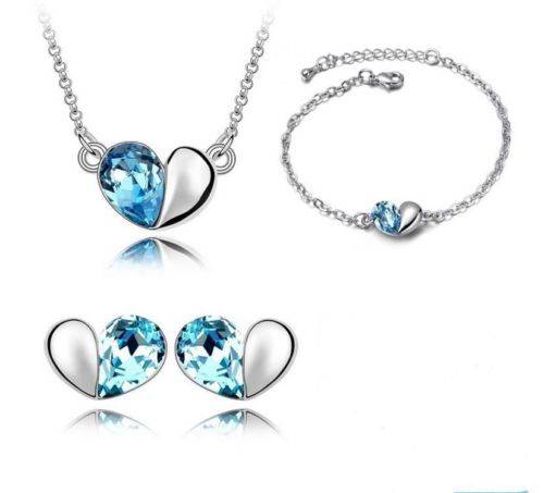 Silver blue Heart necklace, earring and bracelet set