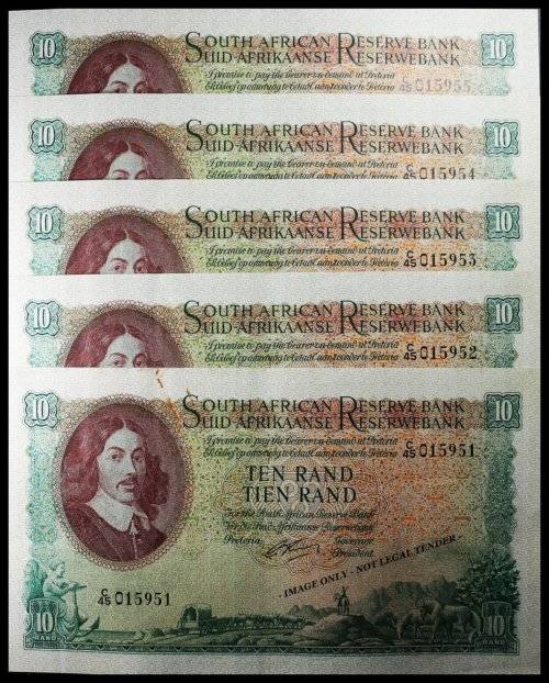 S. A. Bank Note : TEN RAND / TIEN RAND : G. RISSIK : RARE . NUMBERS 951 TO 955 High Grade