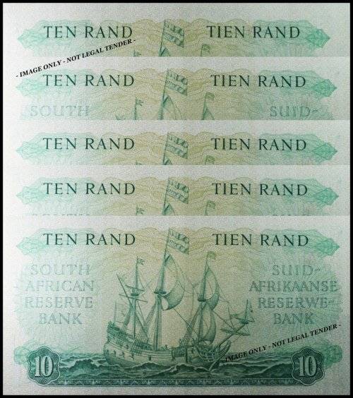 S. A. Bank Note : TEN RAND / TIEN RAND : G. RISSIK : RARE . NUMBERS 951 TO 955 High Grade