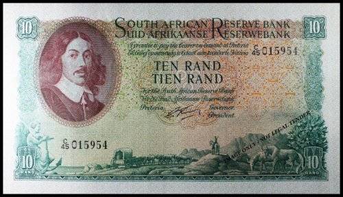S. A. Bank Note : TEN RAND / TIEN RAND : G. RISSIK : RARE . NUMBERS 951 TO 955 High Grade