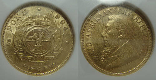Paul Kruger ZAR: GOLD Half Pond (£½) of 1894: NGC graded AU 53