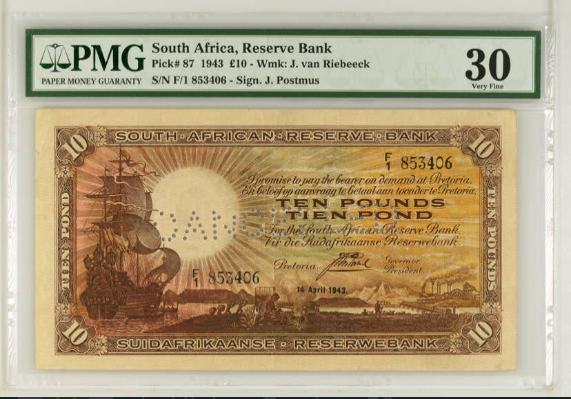 1943 Union Ten pounds PMG VF30