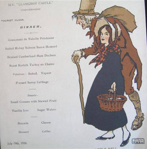 TOURIST CLASS MENU, UNION CASTLE LINE, M.V.LLANGIBBY CASTLE, 1936.