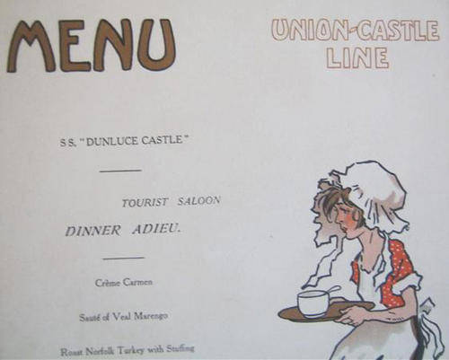 TOURIST CLASS MENU, UNION CASTLE LINE, SS. " DUNLUCE CASTLE " 1936.