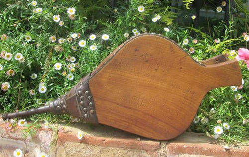 ANTIQUE FIRE BELLOWS, LEATHER, METAL STUDS AND WOOD, LOVELY CONDITION.