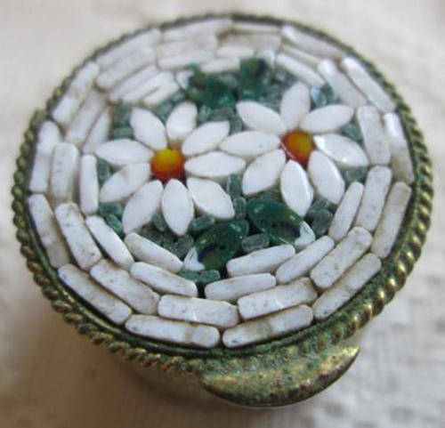 PRETTILY ETCHED, BRASS PILL BOX WITH A MOSIAC TOP, STAMPED ITALY..
