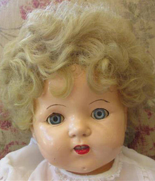 LARGE VINTAGE COMPOSITION DOLL,  DRESSED IN VINTAGE CLOTHING, OPEN / SHUT EYES