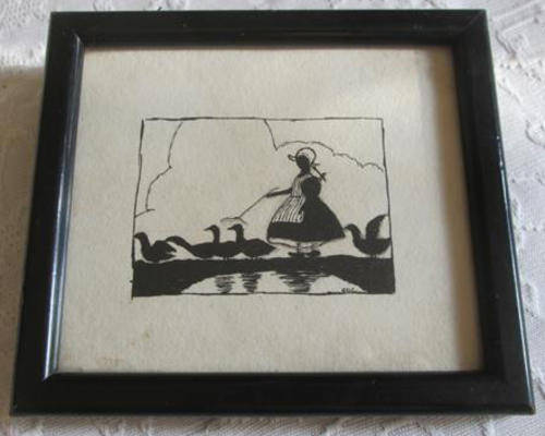 MINIATURE,  VINTAGE  FRAMED BLACK INK DRAWING ON PAPER