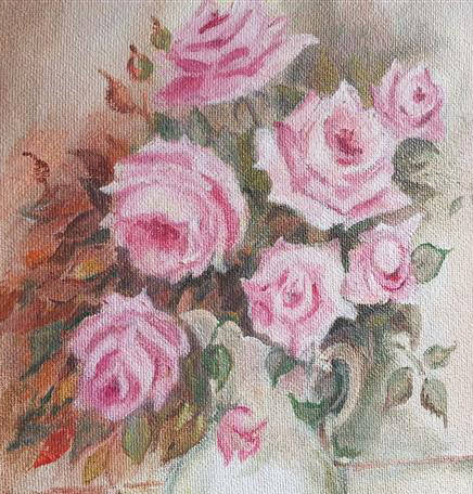 FRAMED OIL ON BOARD PAINTING OF ROSES, SHADES OF PINK