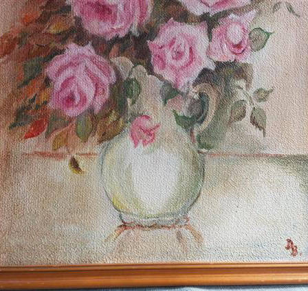 FRAMED OIL ON BOARD PAINTING OF ROSES, SHADES OF PINK