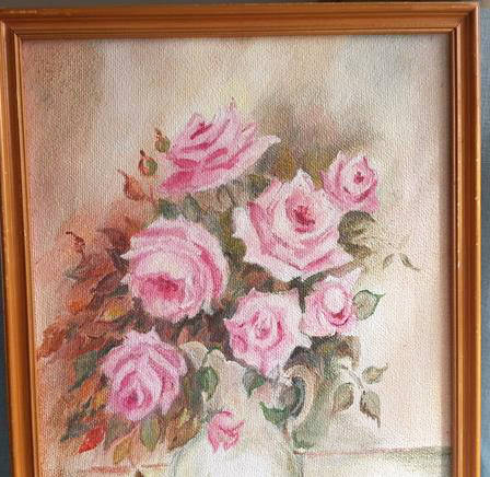 FRAMED OIL ON BOARD PAINTING OF ROSES, SHADES OF PINK