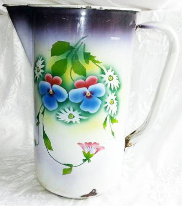 VINTAGE / ANTIQUE  ENAMEL JUG AND BASIN, WITH PANSY DESIGN.