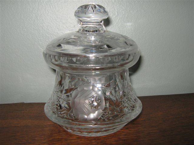 HEAVY QUALITY ROSE CUT CRYSTAL BOWL & LID NIBBLES TO RIM