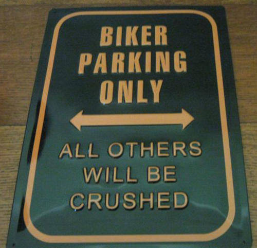 BIKER PARKING ONLY SIGN, EMBOSSED AND BAKED ENAMMEL SIGN, 30 X 40 CM.
