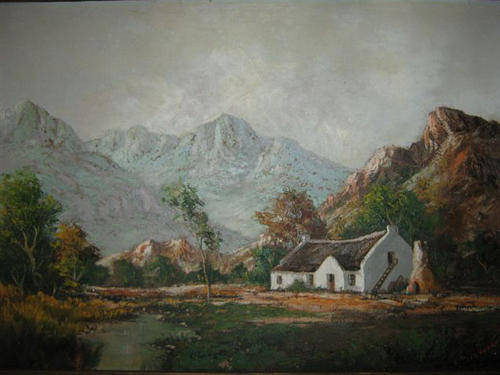 J.L FOURE, OIL ON BOARD, LANDSCAPE WITH CAPE DUTCH HOMESTEAD.