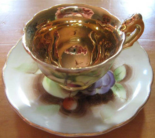 VINTAGE, BALBOA HAND PAINTED MINIATURE CUP AND SAUCER, GOLD TRIM.