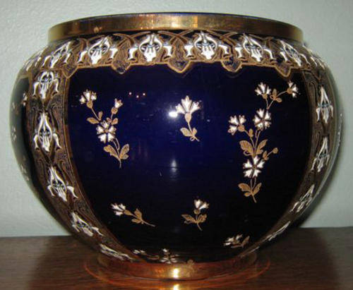 ANTIQUE, BRISTOL LUNEVILLE PLANT POT IN COBOLT BLUE, OVER PAINTED BY HAND WITH PLENTY OF GOLD DETAI