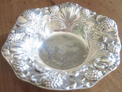 STERLING SILVER, BON BON DISH DECORATED WITH PROTEA FLOWERS,LOVELY !!