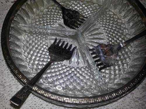 CRYSTAL AND SILVER PLATED 3 DIVISION DISH WITH SILVER PLATED SERVING FORKS