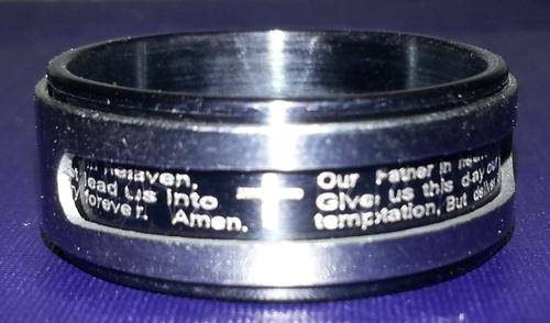 VERY SPECIAL-Mens Stainless Steel Ring â Black Racing Spinner And The Full "OUR FATHER" Prayer