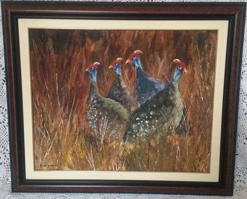 STUNNING LARGE ORIGINAL SIGNED B. MC GURK - GUINEA FOW OIL PAINTING IN A NICE FRAME! INVESTMENT ART!