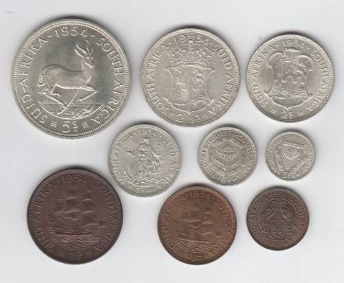 1954 SA Union full set of coins - farthing to crown