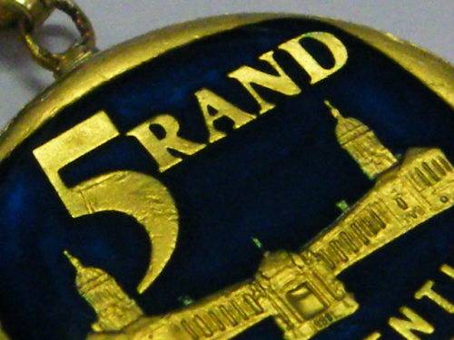 1994 South Africa R5 presidential inauguration - coloured & gilded coin made into pendant