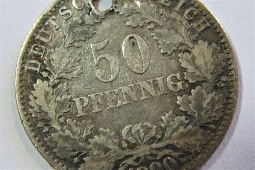 1900 Germany Empire 50 pfennig - holed - 'J' mintmark