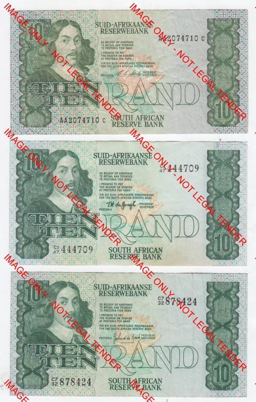 Lot of 3 R10 banknotes - TW de Jongh, GPC de Kock, CL Stals